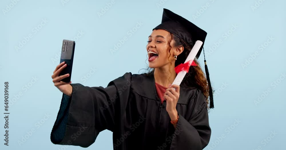 Wall mural Graduation selfie, student and woman with university profile picture, diploma or certificate on a blue background. Graduate success, video call and happy african person, wow and peace sign in studio