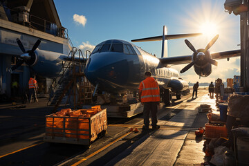 Transport plane at the airport. Workers load goods and cargo onto the plane. Cargo pallets. Air freight. - obrazy, fototapety, plakaty