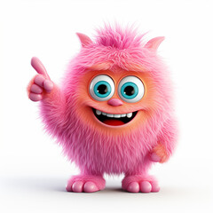 Fototapeta premium Cute and Fluffy Pink & Red-Orange Monster Pointing to Its Right, Isolated - Symbolizing Joy, Playtime & Creative Fun for Kids. Generative AI.