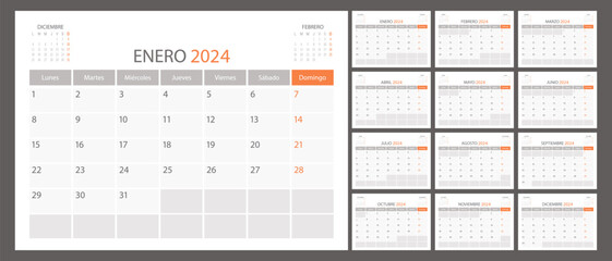 Spanish calendar planner 2024 vector, schedule month calender, organizer template. Week starts on Monday. Business personal page. Modern simple illustration