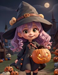 Petite fille d&eacute;guis&eacute;e en sorci&egrave;re pour Halloween