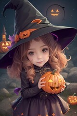Petite fille d&eacute;guis&eacute;e en sorci&egrave;re pour Halloween