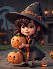 Petite fille d&eacute;guis&eacute;e en sorci&egrave;re pour Halloween