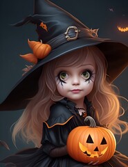 Petite fille d&eacute;guis&eacute;e et maquill&eacute;e en sorci&egrave;re pour Halloween