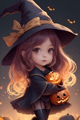 Petite fille d&eacute;guis&eacute;e en sorci&egrave;re pour Halloween