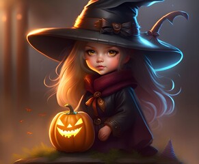 Petite fille d&eacute;guis&eacute;e en sorci&egrave;re pour Halloween