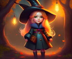 Petite fille d&eacute;guis&eacute;e en sorci&egrave;re pour Halloween
