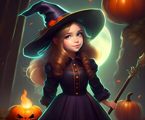 Petite fille d&eacute;guis&eacute;e en sorci&egrave;re pour Halloween