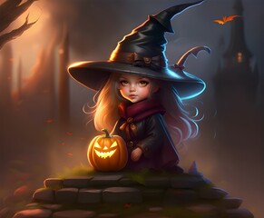 Petite fille d&eacute;guis&eacute;e en sorci&egrave;re pour Halloween