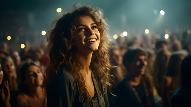 Attractive girl groupie infatuation of live performance, surrounded by a crowded, enthusiastic audience