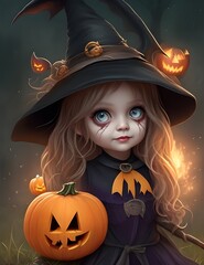 Petite fille d&eacute;guis&eacute;e et maquill&eacute;e en sorci&egrave;re pour Halloween