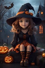 Petite fille d&eacute;guis&eacute;e en sorci&egrave;re pour Halloween