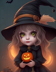 Petite fille d&eacute;guis&eacute;e et maquill&eacute;e en sorci&egrave;re pour Halloween