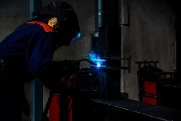 welder and welding sparks, construction and metal work industrial concept, metal welding with sparks
