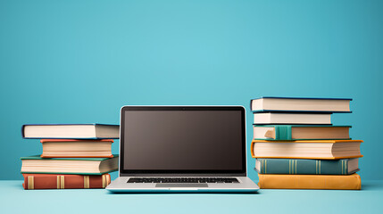 Back to school concept with laptop and books on blue background with copy space
