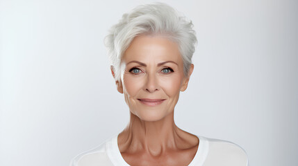 Beautiful gorgeous 50s mid aged mature woman looking at camera isolated on white. Mature old lady close up portrait. Healthy face skin care beauty, middle age skincare cosmetics, cosmetology concept 
