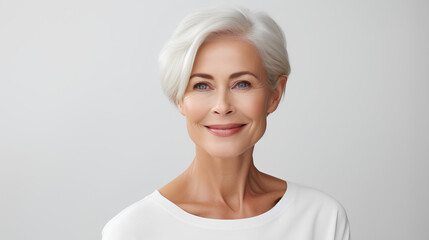 Beautiful gorgeous 50s mid aged mature woman looking at camera isolated on white. Mature old lady close up portrait. Healthy face skin care beauty, middle age skincare cosmetics, cosmetology concept 