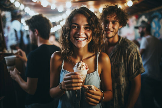charming Young girl holding an ice cream on her hand with a beautiful smile, Girl eating ice cream, Happy lady enjoying the moment, AI generated image