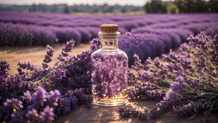 Obraz na płótnie Canvas Bottle with cosmetic oil on the background of a lavender field