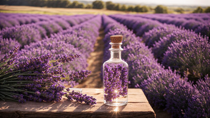 Obraz na płótnie Canvas Bottle with cosmetic oil on the background of a lavender field
