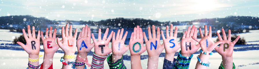 Children Hands Building Word Relationship, Winter Background