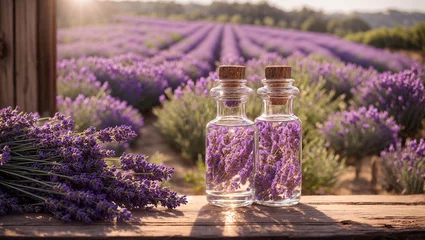 Foto op Plexiglas Donkerbruin Bottle with cosmetic oil on the background of a lavender field