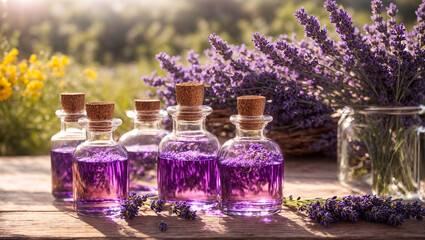 Bottle with cosmetic oil on the background of a lavender field