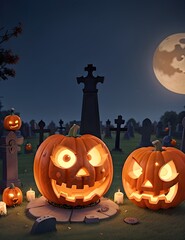 Lanternes citrouille dans un cimeti&egrave;re le soir d'Halloween