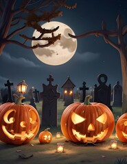 Lanternes citrouille dans un cimeti&egrave;re le soir d'Halloween
