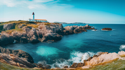 Beautiful view of Favaritx lighthouse on Menorca island, Spain. Balearic Islands, Popular tourist...