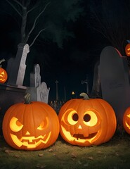 Lanternes citrouille dans un cimeti&egrave;re le soir d'Halloween