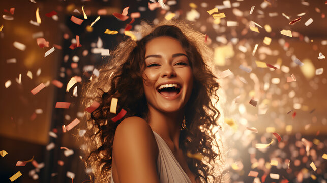 Beautiful happy woman at celebration party with confetti falling everywhere on her. Birthday or New Year eve celebrating concept 