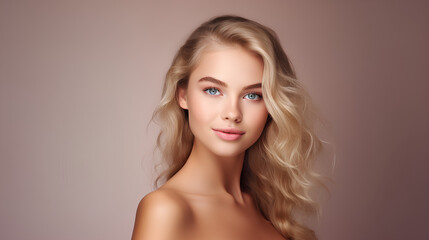 An isolated studio portrait of a beautiful young woman, highlighting her perfect, fresh, and clean skin. This image embodies the concepts of youth, beauty, and skincare.