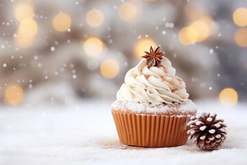Obraz na płótnie Canvas Snowfall Delight: Cupcake on a Winter Day