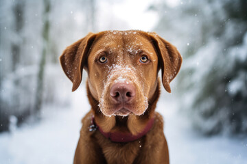 Brown Labrador Frolicking in Snow