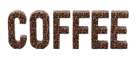 Coffee word consisting of roasted coffee beans. Transparent background. 3D illustration