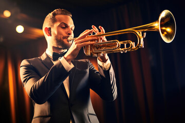 Talented Male Trumpet Player on Stage - obrazy, fototapety, plakaty