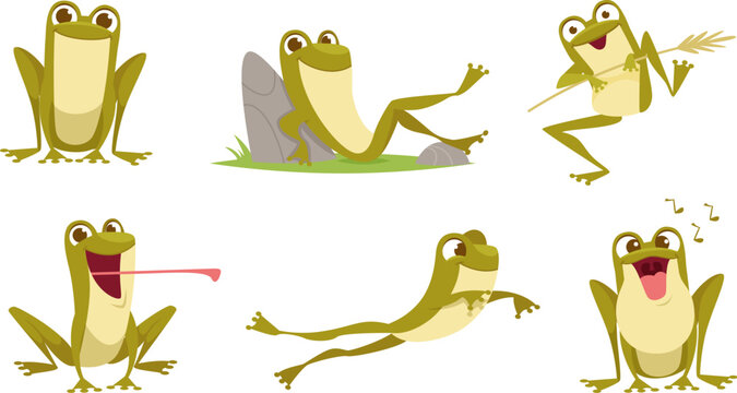 Frog. Cartoon cute toad in action poses exact active jumping lazy frog