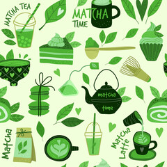 Matcha pattern. Asian beverage products sticky badges recent vector seamless background