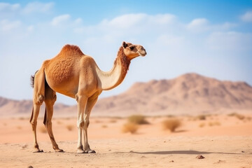 Elegant Camel Pose Amidst Arid Desert Terrain