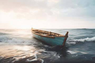 Obraz premium Wooden Boat in a Tempestuous Sea