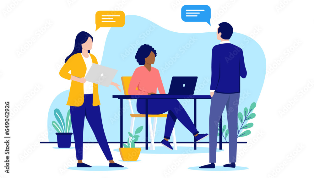 Poster work communication - people in office talking and having conversation about business. flat design ve