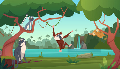 Jungle monkey. Cartoon colored background with wild animals exact vector jungle monkey © ONYXprj