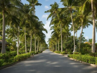 Fototapeta na wymiar a road lined with palm trees and bushes