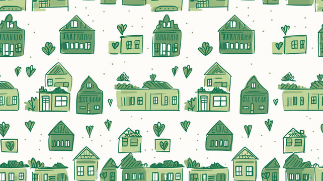 Pattern of green houses. cute hand drawn houses on a pattern for textiles, backgrounds, wallpapers, wrapping paper, fabrics.