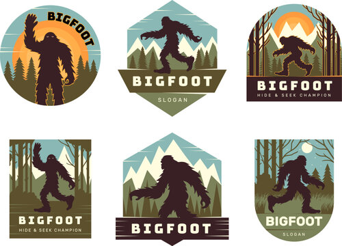 Bigfoot logo. Badges for adventures travel concepts with bigfoot character recent vector illustration set with place for text