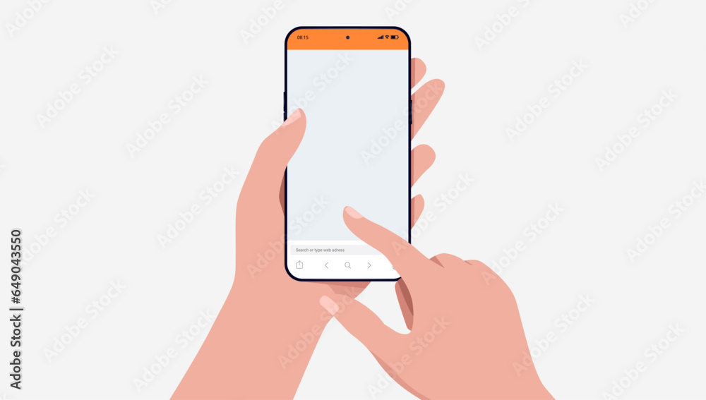 Poster smartphone use mockup - vector illustration of hand holding mobile phone and finger using touchscree