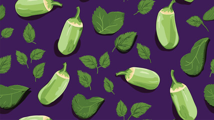 Pattern with eggplant. A whole eggplant and halves on a green background. Fresh vegetable. Farm products.