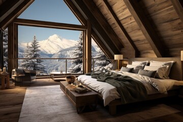 Interior of  cozy montain chalet bedroom with large bed and big window