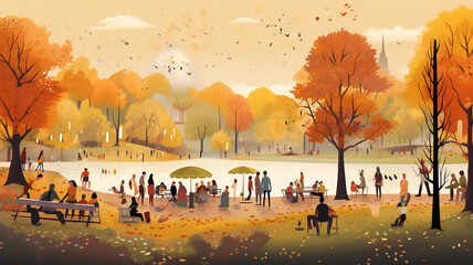 Fototapeta na wymiar Illustration of people outdoor in a park during autumn picnic and having fun